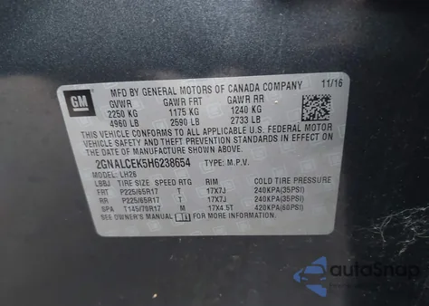 2017 Chevrolet Equinox Lt из США, поврежденный, VIN 2GNALCEK5H6238654